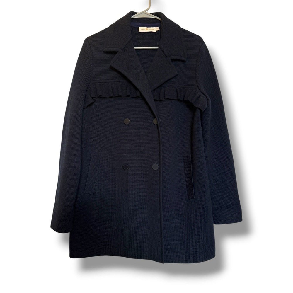 Tory Burch Coat Womens M Navy Blue Wool Blend Ruffle Double Breasted 35081